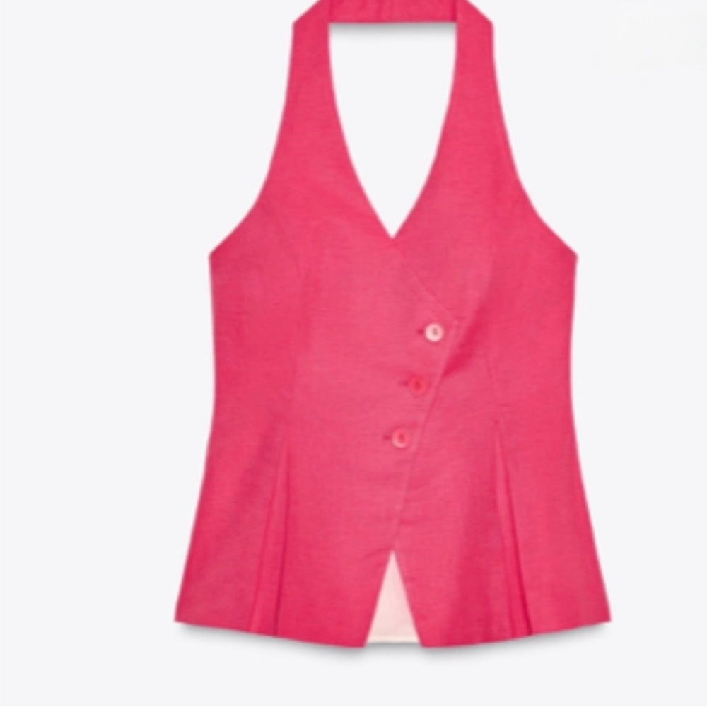 Zara Pink Linen Set - Halter Double Breasted vest with Pleated Shorts